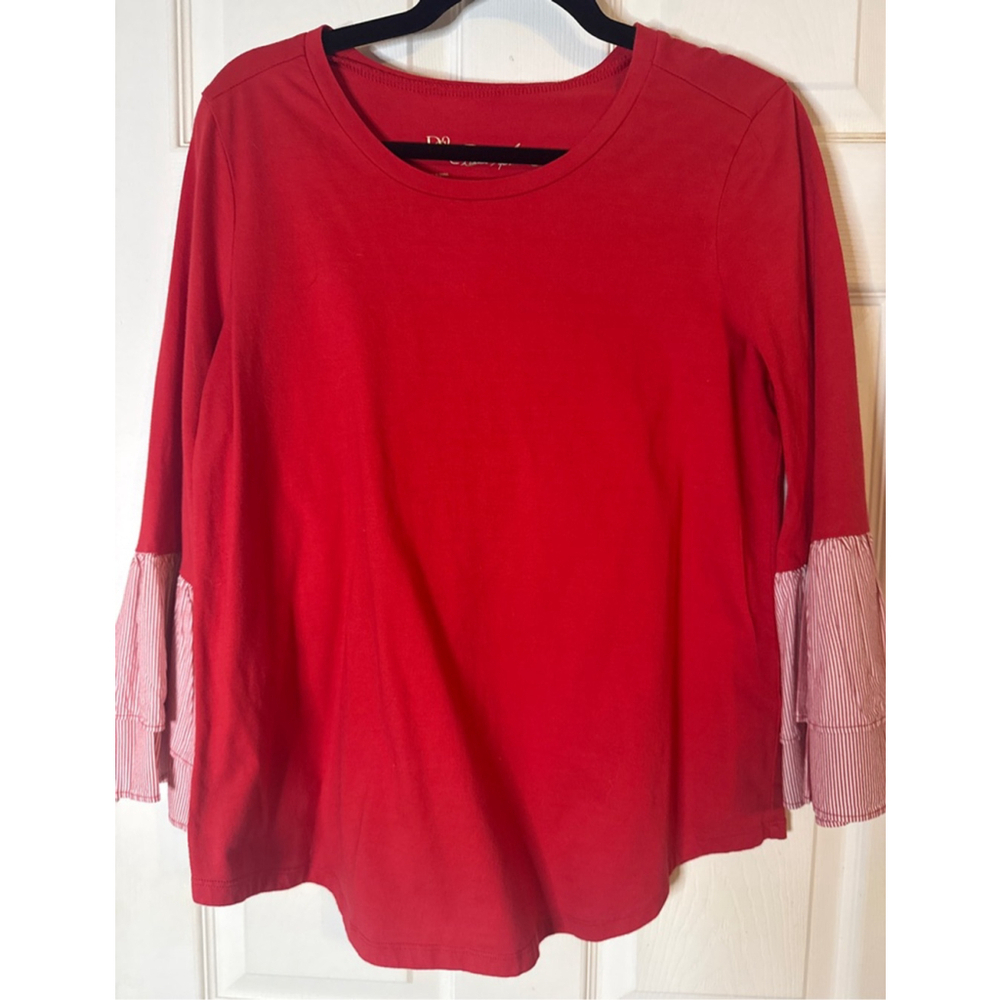 Women's Red Long Sleeve Tee with Striped Ruffle Cuffs M